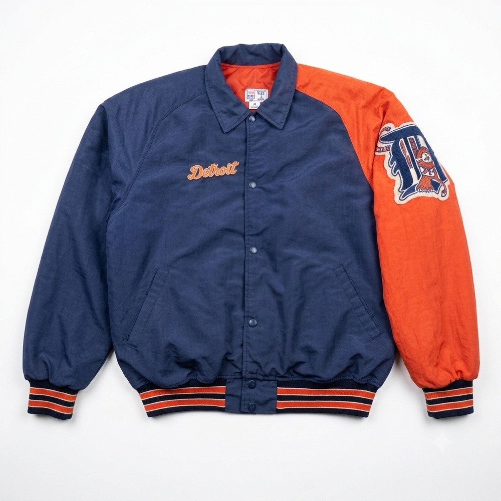 Vintage Detroit Tigers Starter Jacket Large MLB Quilted Satin Bomber Navy Orange